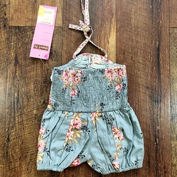 NWT Mustard Pie Floral & Gray Ruched Baby Bubble Romper - Picture 8 of 9